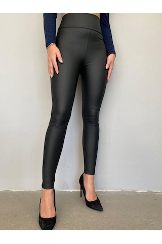 Tua Moda Yüksek Bel Toparlayıcı İçi Şardonlu Deri Tayt SiYAH