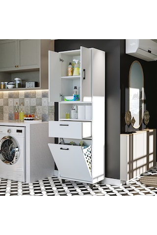 Çamaşır Sepetli Banyo Dolabı, Çok Amaçlı Çekmeceli Dolap 60 X 200 Mat Beyaz