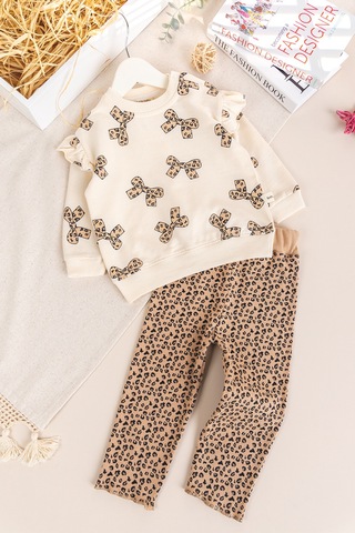 Babymod Fiyonk Baskılı Leopar Desenli İkili Pamuklu Kız Bebek Çocuk Takım Bej