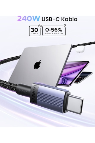 Ugreen Usb-c 240w Pd Hızlı Şarj Kablosu, 2 Metre, Siyah, 65908