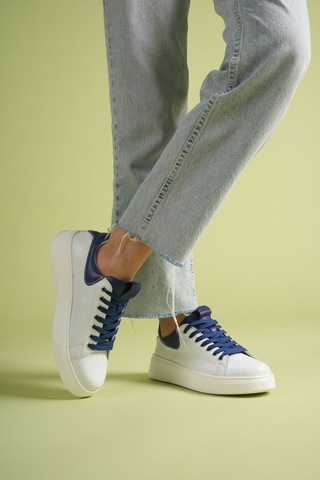 Analin Shoes Kadın Hakiki Deri Bağcıklı Casual Spor Ayakkabı Beyaz Koyu Mavi