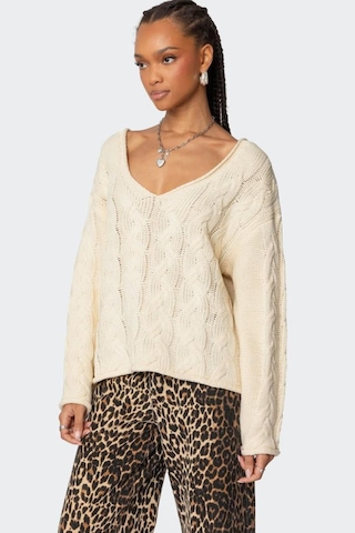 Madmext Ekru V Yaka Örgü Desen Oversize Kadın Kazak Mg2519 Ekru