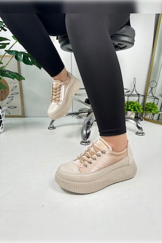 Günlük Kadın Sneaker Taşlı Bağcıklı Tırtıklı Kalın Taban Rugan Oval Burunlu Hafif Spor Ayakkabı 77504 Bej