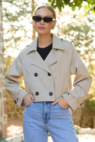 Fullamoda Kruvaze Yaka Çift Cepli Crop Trençkot Taş