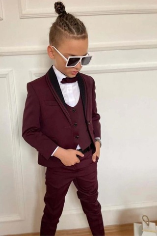 Riccotarz Erkek Çocuk Yakası Şerit Detaylı Cepken Yelekli Blazer Ceketli Bordo Takım Elbise Bordo