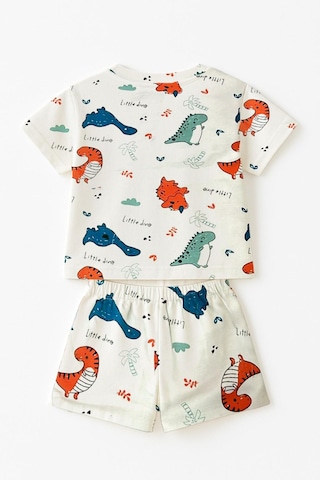 Luess Erkek Çocuk %100 Pamuk Renkli Dinazor Şortlu Pijama Takımı 3-4 Yaş 8-9 Yaş Beyaz