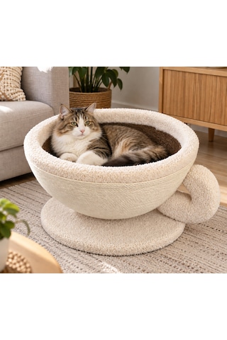 Pureza Kahve Fincanı Tasarımlı Kedi Yatağı & Sisal Tırmalama Yüzeyli Dekoratif Peluş Kedi Evi