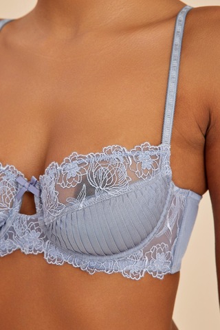 Paris Gri Mavi Balenli Dantelli Dolgusuz Toparlayıcı Balkonet Sütyen Mavi