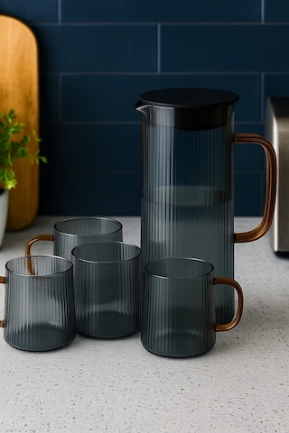 Borosilikat Cam Gold Saplı Sürahi 1300 Ml 4 Bardaklı