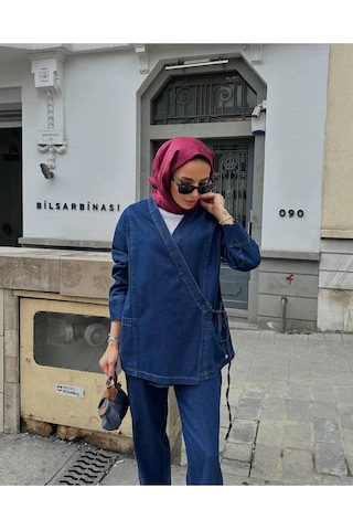 Molly Nelly Kadın Lacivert Kot Pantolon Bağcık Detaylı Bluz Takım Lacivert