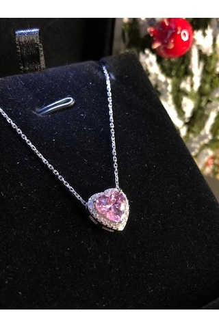 Svarovski Taşlı Pembe Kalp Model Gümüş Işıklı Kutuda Sevgiliye Eşe Arkadaşa Hediye Kolye