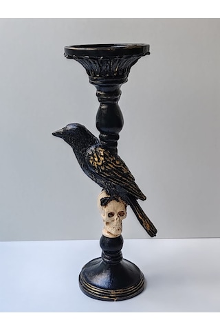 Gotik Tasarım Siyah Kuş Ve Kafatası Şamdan, Mumluk, El Yapımı, Ev Dekoru Siyah