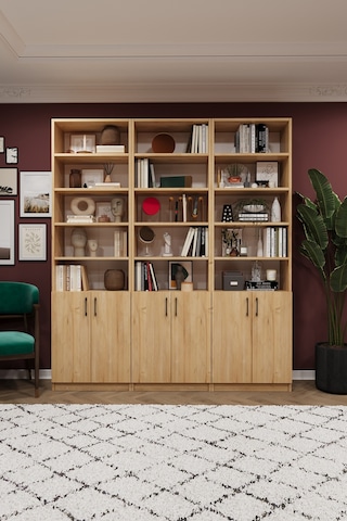 Asra Trend K-51 %100 MDF 180 cm 3 Modüllü Kapaklı Kitaplık Raflı Kütüphane Safir Meşe