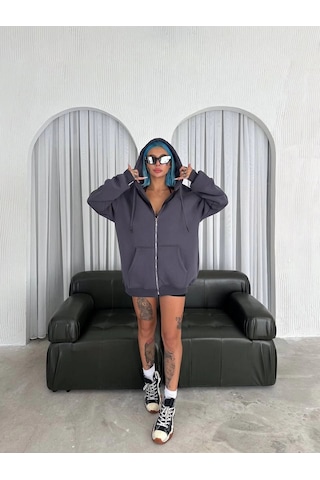 Kadın Oversize Tam Fermuarlı Uzun Kol Hırka - Füme Çok Renkli