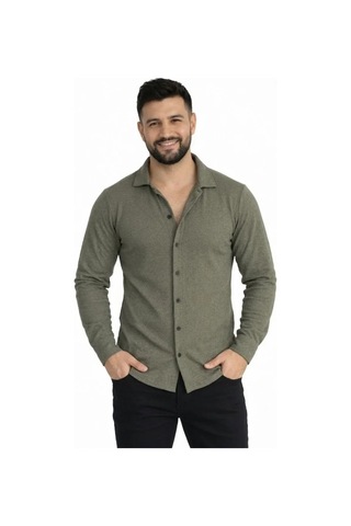 Etiler Collection Erkek Waffle Kumaş Uzun Kollu Düğmeli Açık Yaka Regular Fit Gömlek - Haki