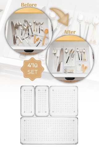 Vienev 4lü Şeffaf Çekmece Içi Düzenleyici Organizer 1x B.dkdrtgn, B.kare 2x K.dkdrtgn