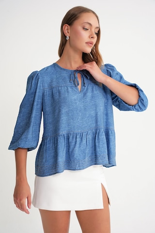 Mixray 4704 Kadın Fırfırlı Balon Kol Kısa Denim Bluz Mavi Mavi