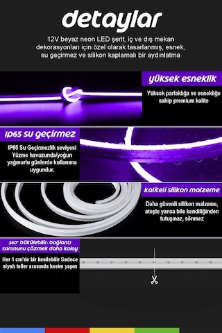 12v Dış Mekan M/60 2835 Mor Led Şerit 5 Metre, Kesilebilir Ve Eklenebilir