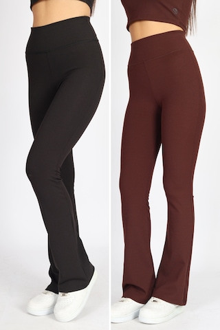 Soft&Basic Kadın 2'li Kaşkorse Raporlu Toparlayıcı İspanyol Paça Tayt Pantalon Siyah-kahverengi