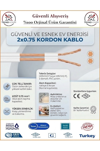 Trendhomm 2x0,75 Bitişik Hoparlör Tesisat Kablosu - Beyaz - 50 Metre