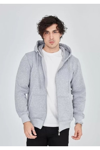 Biçomi Bicomı Unisex Tam Fermuarlı, Ayarlanabilir Kapüşonlu Günlük Termal Konfor Sweatshirt Melanj Gri