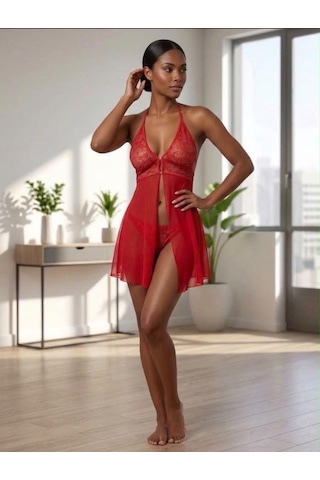 Noctissirius Dantelli Tül Dekolteli Gecelik Kırmızı