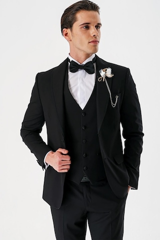 İmza Siyah Çıkarılabilir Şal Yaka Yelekli Likralı 6 Drop Slim Fit Smokin Damatlık 1001240202-Siyah