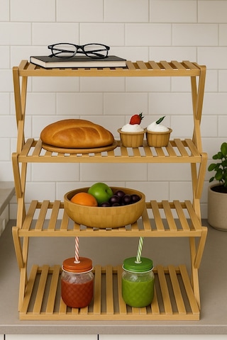 Doğal Bambu 4 Katlı Çok Amaçlı Raf Mutfak, Banyo Ve Dekoratif Organizer Raf Br-6714 Kahverengi