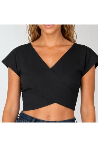 Nealirsanall.com Kadın Kruvaze Crop Top - V Yaka Kısa Kol Bluz Beyaz