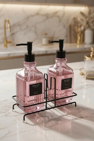 Makri Home Modern Çizgili Desenli Cam Ikili Sıvı Sabunluk & Deterjanlık Seti, Pembe- 500 Ml Cam Sabunluk