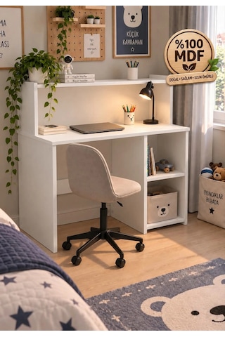 %100 Mdf Çalışma Masası Kitaplıklı Raflı Bilgisayar Ve Ders Çalışma Masası 100 Cm Beyaz