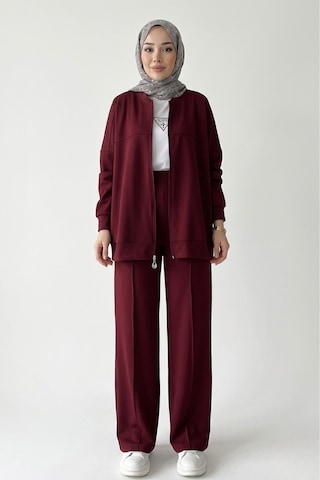 Thiff Tesettür Önü Fermuarlı Oversize Modal Takım Bordo