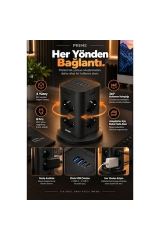 8 Li Çoklu Priz Usb-a + Type-c Şarj Girişli Güç Ve Şarj İstasyonu 0 - 2 M
