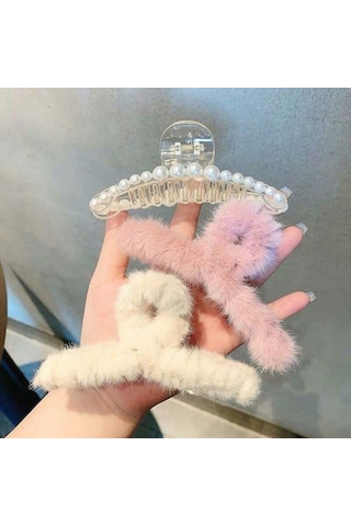 Beyaz Peluş Mandal Toka Çok Renkli