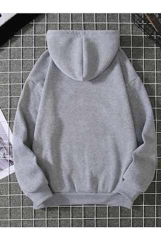 Yarım Kalp Sweatshirt - Gri Baskılı Oversize Kapüşonlu Gri