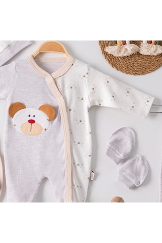 3 Ay Ayıcık Detay Tulumlu Erkek Bebek 5'li Set Kahverengi