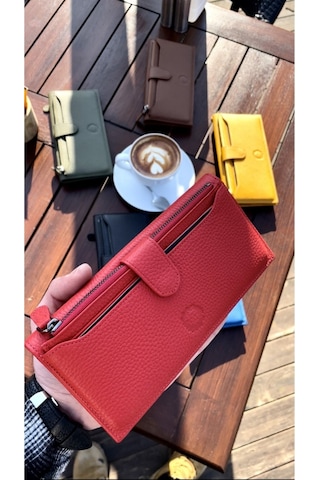 Kırmızı Peony Hakiki Deri Telefon Cüzdanı Kırmızı