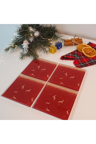 Decorita Cam Bardak Altlığı YeniYıl Kırmızı 5'li Geyik 4'lü Takım Kırmızı
