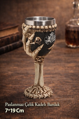 İskelet Eli Figürlü 3d Kabartmalı Çelik Kadeh Bardak Gotik Dekoratif Kupa Gri - Mint