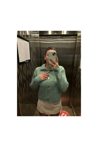Genel Markalar Kadın Turkuaz Polo Yaka Düğmeli Oversize Triko Hırka Uzun Kollu Basic Günlük Hırka Turkuaz 923228701 Turkuaz
