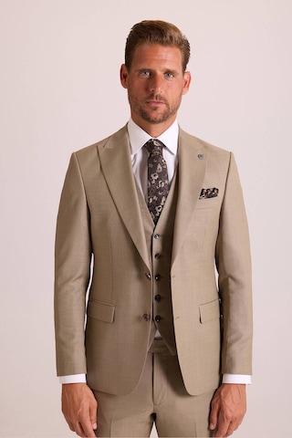 Ysf Erkek Bej Slim Fit Sivri Yaka Yelekli Takım Elbise Bej