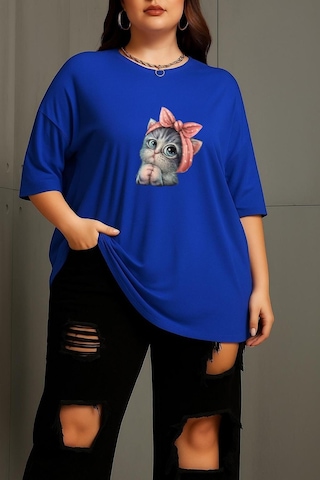 Büyük Beden Minnoş Kedi Baskılı Unisex Tişört Saks Mavisi