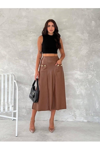 Kadınyüksek Bel Cep Ve Düğme Detay Fırsat Ürün Midi Boy Deri Etek Kahve