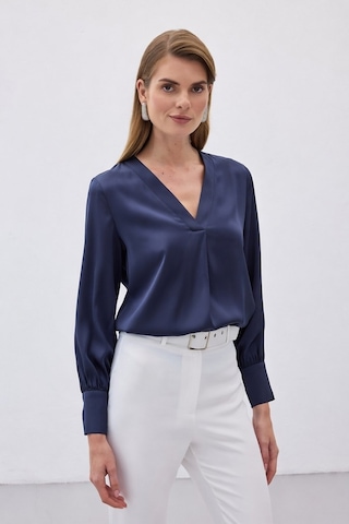 Sateen V Yaka Saten Bluz - Lacivert-136503 Lacivert