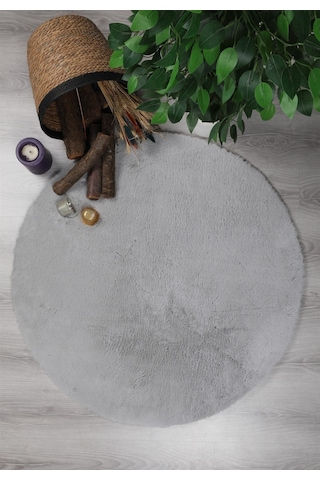 Dekoratif Tavşan Tüyü Ultra Yumuşak Peluş Yuvarlak Halı Gri