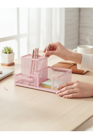 Need Nd-1033 Metal Mesh Masaüstü Organizer 3 Bölmeli, Çok Amaçlı Düzenleyici Pembe