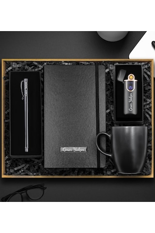 Kişiye Özel Dokunmatik Siyah USB Çakmak & Roller Kalem & Siyah Defter & Siyah Kupa Premium Hediye Seti