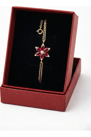 Çekirdekjewelry 926 Ayar Gümüş Kırmızı Taşlı Lotus Bileklik Sarı