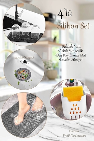 4 Parça Silikon Set bulaşık Matı Lavabo Süzgeci Askılı Süngerlik Masajlı Duş Kaydırmazı