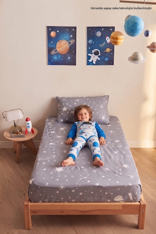 Yıldız Desenli Yastık Kılıflı Tek Kişilik Lastikli Çarşaf Takımı 100x200 Cm Çarşaf+yastık Kılıfı Gri